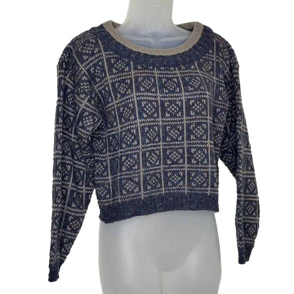 Vtg Susan Ess Small Crop Sweater Nordic Ski Pullover Knit Multi Color Specks Y2K